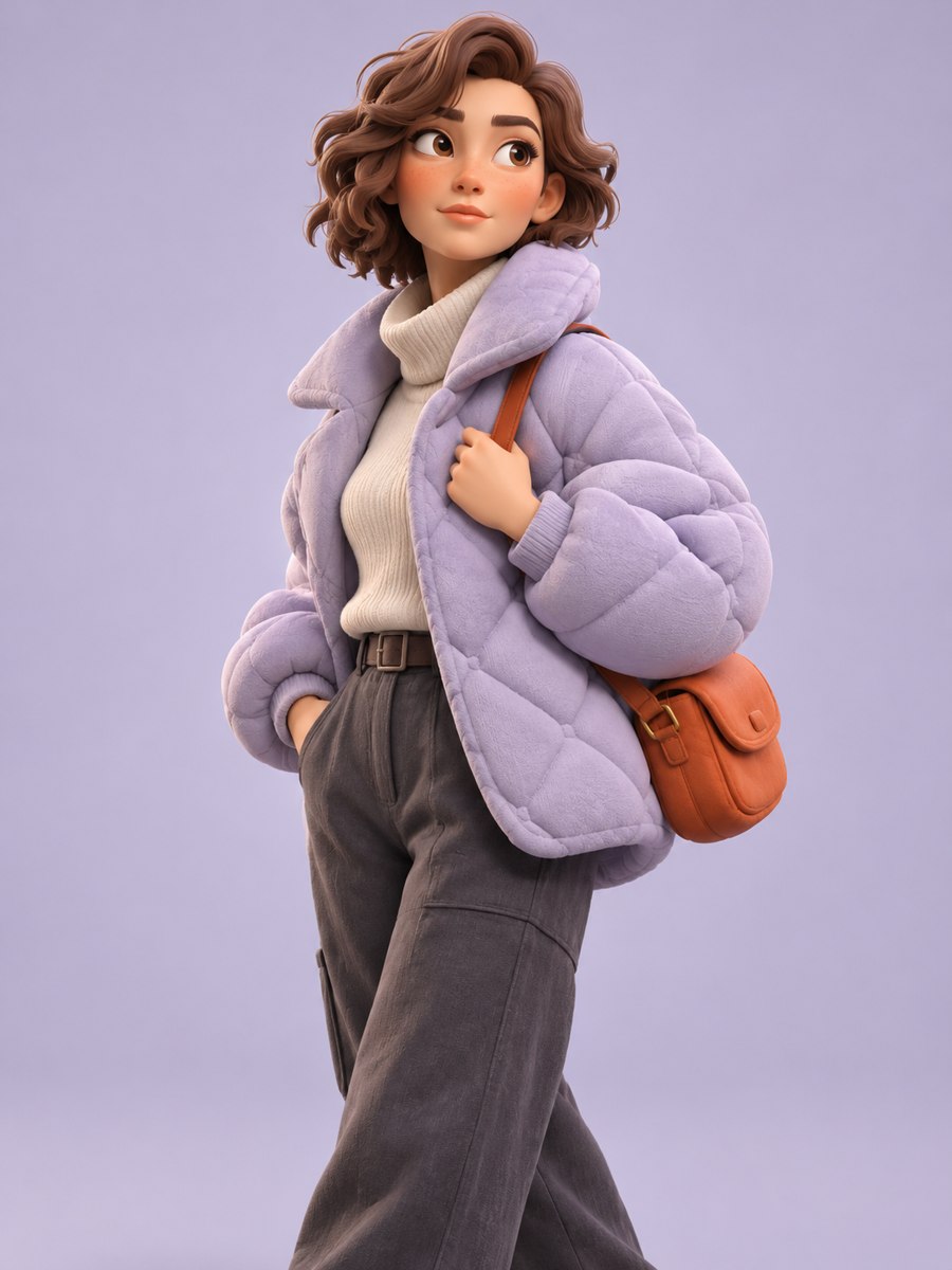 Elio, a sculptural 3D-style character in a lavender jacket with an orange bag.