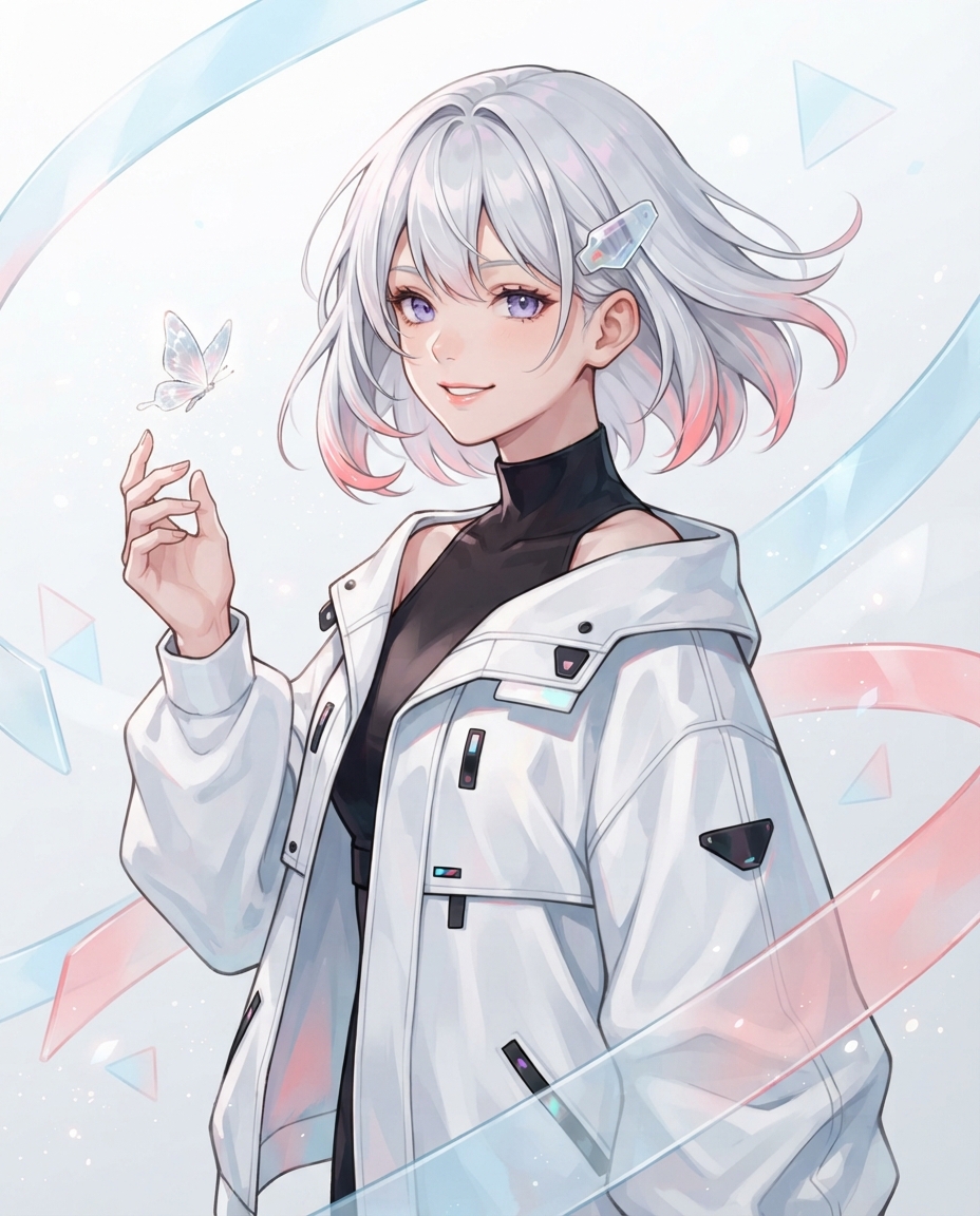 Luma, a silver-haired anime character with violet eyes and a luminous butterfly.