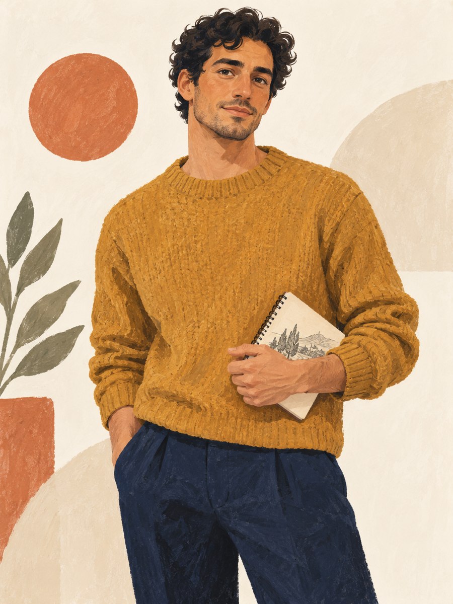 Milo, a hand-painted character in a mustard sweater, carrying a sketchbook.