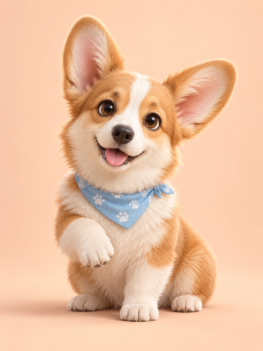 Pippa, a fluffy corgi character with a blue bandana and one raised paw.